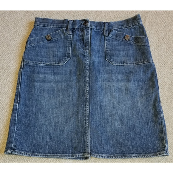 VINTAGE Y2K Womens Jean Skirt-NEW YORK & COMPANY-blue stretch denim back slit-4 - Picture 1 of 5
